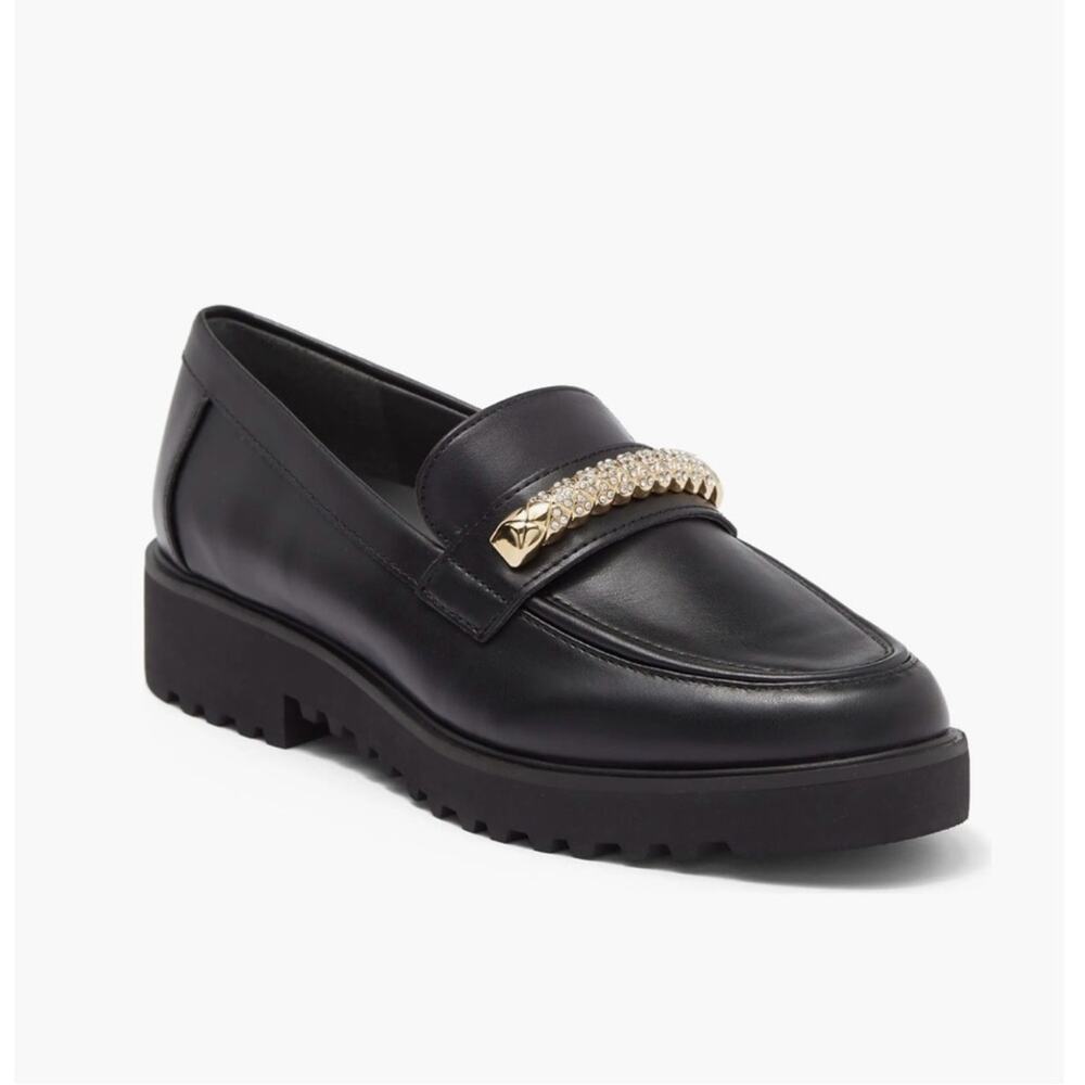 Franco Sarto Carol Women Black Loafers Size 11 Boing Gold & Jewels Accent New